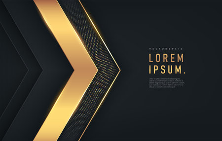 Black and golden triangle shape on dark background with copy space. Golden glitter decorates. Design for presentation, banner web, flyer, card, poster, game, texture, slide.のイラスト素材