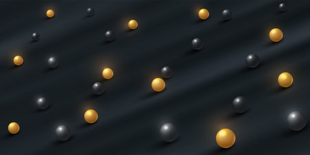 Black, golden 3d sphere ball on black soft blur background. Abstract dark color banner design. You can use for presentation, banner, cover, web, flyer, card, poster, game, slide.のイラスト素材