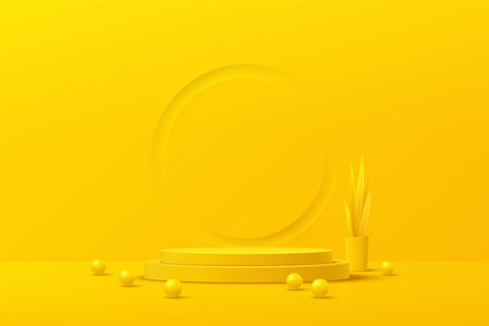 Abstract yellow cylinder platform podium sphere ball. Plant pot leave decorate. Bright yellow minimal wall scene with emboss circle. Vector rendering 3d shape for product displayのイラスト素材