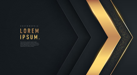 Black and golden triangle shape on dark metal background with copy space. Golden glitter decorates. Design for presentation, banner, cover, web, flyer, card, game, texture, slide.のイラスト素材