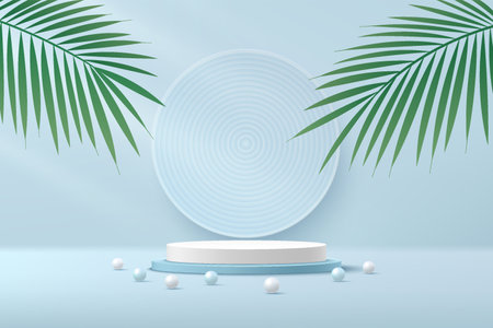 Abstract white cylinder podium. Light blue empty room, green palm leaf. blue and white sphere. Vector rendering 3d shape, Product display. Pastel color minimal wall scene.のイラスト素材
