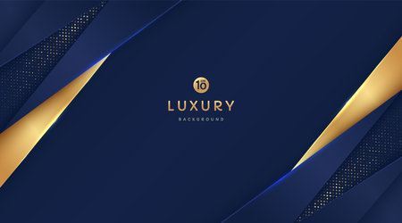 Dark navy blue, gold triangle shapes overlapped on background, glow golden striped lines, glitter. Luxury elegant. Abstract template vector design. Design for presentation, bannerのイラスト素材