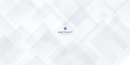 Abstract technology silver color banner, dots halftone decorates. White, soft gray modern geometric square shape overlapping layer background. Minimal futuristic design.のイラスト素材