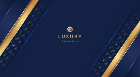 Dark navy blue and gold geometric shapes on background with glowing golden striped lines and glitter. Luxury and elegant. Abstract template design. Design for presentation, banner.のイラスト素材