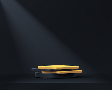 Abstract black, gold cube pedestal podium, Black empty room, Shadow of window. Vector rendering 3d shape, Product display presentation. Studio room concept, Minimal wall scene.のイラスト素材