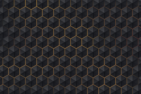 Abstract 3d dark hexagon pattern on golden light background luxury style. Modern futuristic geometric shape web banner design. You can use for cover template, poster, print ad.のイラスト素材