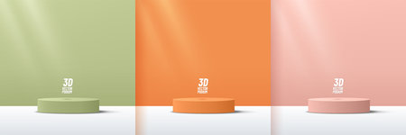 Set of green, orang, pink cylinder pedestal podium display, Empty room background. Abstract modern vector rendering 3d shape for products display. Pastel minimal wall scene.のイラスト素材