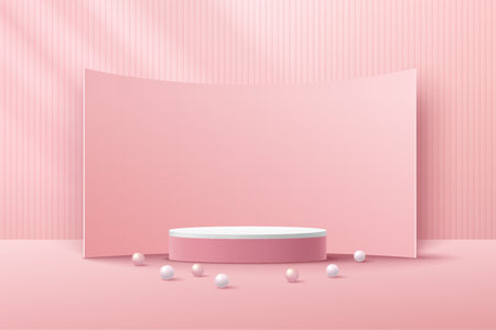 Abstract white cylinder podium, Light pink empty room, Vertical stripes pattern, Curve backdrop. Vector rendering 3d shape, Product display. Pastel room minimal wall scene.のイラスト素材