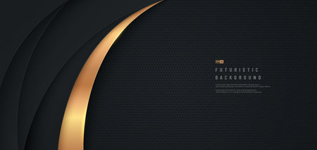 Abstract black curve shape on dark metal background with golden curve stripes line. Luxury design for presentation, banner, cover, web, flyer, card, poster, game, texture, slide.のイラスト素材