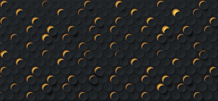 Abstract random dotted pattern on dark background. Black and gold 3D on black paper round cut. Modern circle texture design. Vector illustration Eps10.のイラスト素材