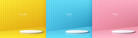 Set of abstract yellow, blue, pink wall scene with realistic 3D white cylinder podium. Vertical pattern background. Abstract vector geometric forms. Mockup product display.のイラスト素材