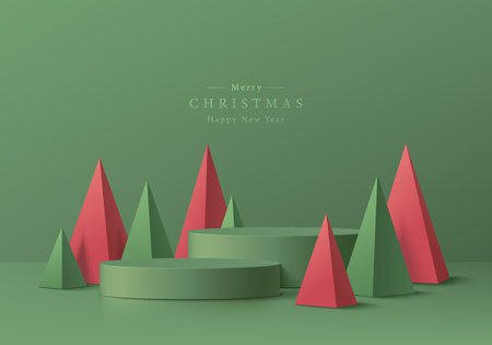 Abstract realistic 3D green cylinder podium set with red green Christmas tree in pyramid shape. Minimal wall scene mockup product display. Merry Christmas new year concept.のイラスト素材