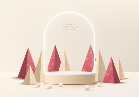 Abstract realistic 3D cream gold, red cylinder podiumLuxury Christmas tree and ball. Merry Christmas and happy new year scene product display. Vector rendering platform.のイラスト素材