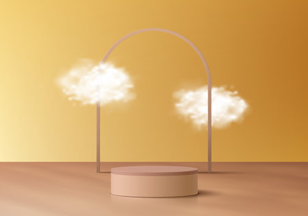Abstract 3D yellow background with realistic beige cylinder pedestal podium, White cloud flying. Luxury minimal wall scene mockup stand product display. Vector geometric forms.のイラスト素材