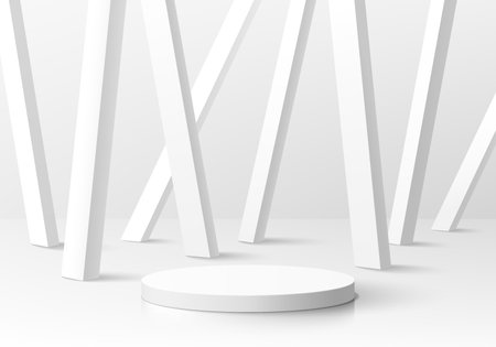 Abstract 3D realistic white, gray cylinder pedestal podium with overlap vertical cube pillars background. Minimal wall scene for mockup product display. Vector geometric forms.のイラスト素材