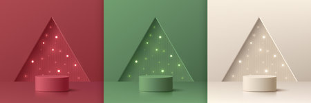 Set of 3D abstract red, cream, green realistic cylinder podium. Neon light bulb in triangle window background. Mockup product display. Merry Christmas, New year minimal wall sceneのイラスト素材