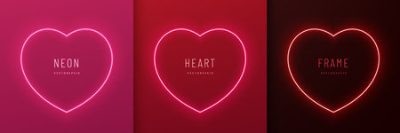Set of neon light heart shape frame design on red, pink, black background. Elements valentine day...