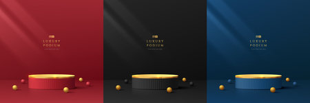 Set of 3D luxury background red, golden, blue and black realistic cylinder pedestal podium. Abstract...