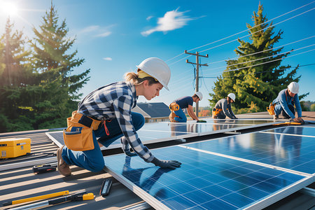 group of workers installing photovoltaic solar panels on the roofの素材