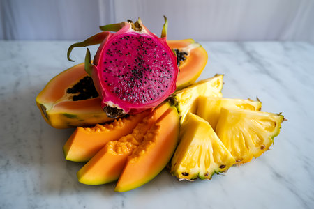 Pitaya and dragon fruit on white marble table, Healthy foodの素材