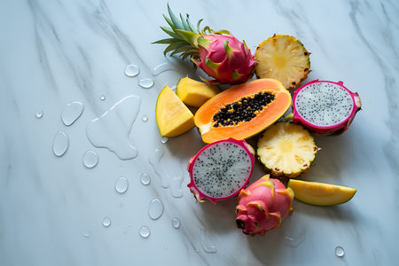 Pitaya, dragon fruit and mangole table background.の素材