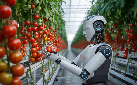 A cutting edge robot gently cradles vine ripe tomatoes in a technologically advanced greenhouse showcasing the future of agriculture the scene highlights automated farming practices and the pivotal role of robotics in boosting crop yields and sustainability promoting efficient resource management and precision harvesting this depicts a new era of food production with a focus on quality and environmental responsibility and innovation in farming technologyの素材