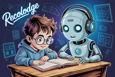 An adorable illustration features a young boy with glasses sitting at a wooden desk reading a book alongside a friendly robot companion wearing headphones in a vibrant cartoon style image The robots presence hints at AI in education showcasing a modern learning environment with floating computer diagrams and the text Recoledge suggesting personalized adaptive learning for students This image highlights the intersection of technology and human interaction in educationの素材