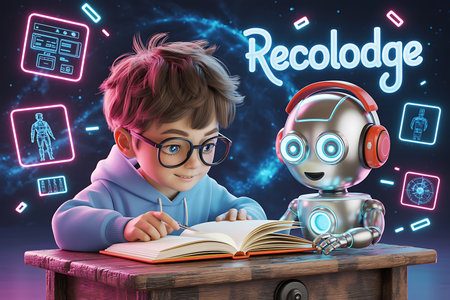 A vibrant and engaging illustration depicts a young boy with glasses diligently studying an open book alongside a friendly robot companion The scene is set against a backdrop of glowing neon icons and futuristic design elements suggesting a modern innovative learning environment This artwork is likely intended for use in advertising or promotional materials for a learning platform perhaps highlighting the integration of technology and AI in education promoting concepts like Recalodgeの素材