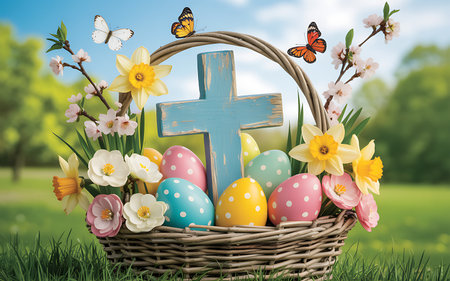 A delightful and vibrant Easter basket is overflowing with colorful polkadotted eggs cheerful daffodils delicate pink blossoms and a rustic blue cross Three butterflies flutter around the basket bringing life to the scene The basket sits nestled in lush green grass with a blurry background of trees suggesting a meadow on a bright spring day symbolizing new beginnings and celebrating the Easter season with joy and faithの素材
