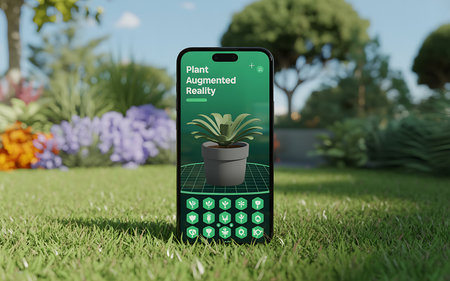 smartphone with green plant on screen in garden. All screen graphics are made up.の素材