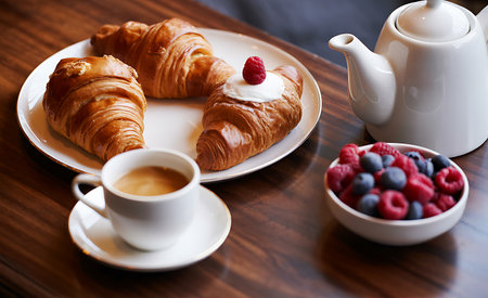 Breakfast with coffee and croissants on a wooden table.の素材
