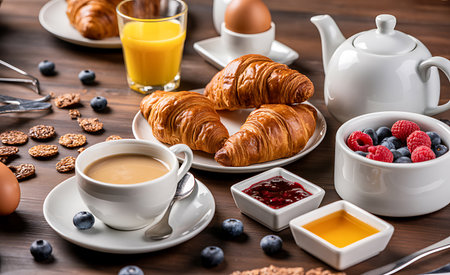 Breakfast with coffee, croissants and fruits on wooden tableの素材