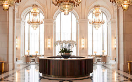 This image captures the stunning interior of a luxurious hotel lobby featuring exquisite marble floors that reflect light enhancing the sense of space and elegance Three grand chandeliers hang from the high ceilings illuminating the area with a warm and inviting glow A circular wooden structure adorned with a beautiful flower arrangement acts as a focal point drawing the eye and adding a touch of nature to the opulent surroundings Comfortable seating areas are discreetly placed in the background inviting guests to relax and enjoy the ambianceの素材