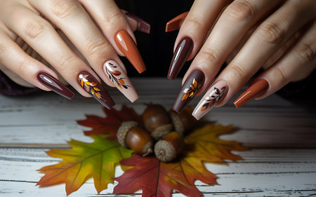 A stunning close up showcases intricate nail art designs perfect for the autumn season The long coffin shaped nails are adorned with a mix of solid brown orange and beige shades some decorated with delicate hand painted fall leaves in warm hues Acorns and colorful autumn leaves are scattered around the hands creating a festive fall themed scene ideal for beauty blogs or nail art inspiration boardsの素材