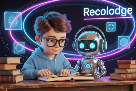 This image depicts a young cartoon boy with glasses deeply engrossed in reading a book alongside his friendly robot companion The scene is set against a backdrop of futuristic holographic data streams and geometric shapes suggesting a modern educational environment The composition evokes themes of collaborative learning the integration of artificial intelligence in education and the potential for personalized learning experiences The presence of classic books juxtaposed with advanced technology symbolizes the convergence of tradition and innovation in shaping the future of educationの素材