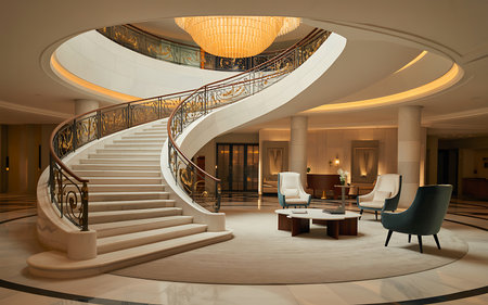 Interior of a hotel lobby with a spiral staircase and armchairsの素材