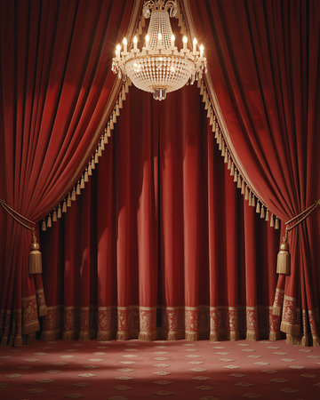 Red velvet curtain and golden chandelier with spotlights. 3d renderの素材