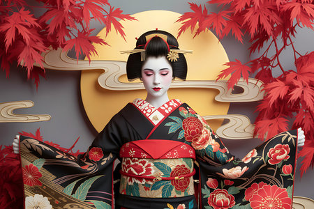 This captivating portrait captures a geisha adorned in traditional attire against a backdrop of vibrant red maple leaves and a golden moon Her flawless white makeup and ornate hair accessories complement the intricate patterns of her kimono showcasing a harmonious blend of artistry and cultural symbolism The image evokes a sense of serenity and timeless beauty reflecting the grace and elegance associated with Japanese traditions and the ephemeral beauty of autumnの素材