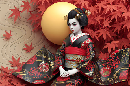 3D illustration of a beautiful geisha in a kimono with a golden ballの素材
