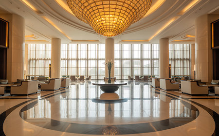 Interior of a hotel lobby with a large mirror floor and large windowsの素材