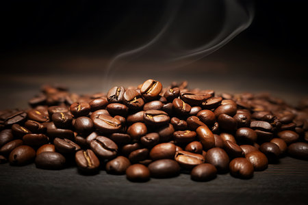 Experience the rich aroma of freshly roasted coffee beans in this captivating product shot A generous heap of meticulously selected beans rests on a dark textured surface their deep brown hues accentuated by the soft light Gentle wisps of smoke rise gracefully from the warm pile hinting at the freshly roasted goodness waiting to be brewed This image evokes a sense of warmth comfort and the promise of a perfect cup making it ideal for coffee brands cafes and culinary blogs seeking to enhance their visual appealの素材
