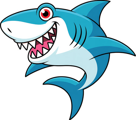 This bright and cheerful cartoon illustration features a blue and white shark with a friendly expression Its wide grin reveals rows of sharp teeth adding a touch of playful intimidation The sharks design is clean and bold making it suitable for various applications such as childrens books educational materials website graphics and branding for oceanthemed products and activities The cartoon shark embodies a mix of fun and learning about marine lifeの素材