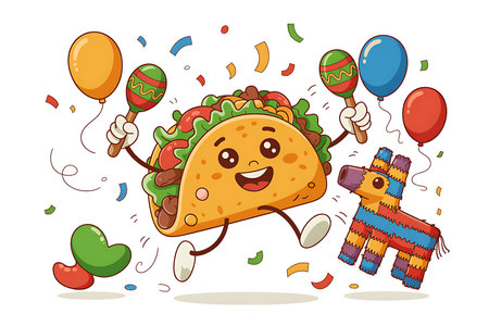 A vibrant and joyful cartoon illustration capturing a taco character enthusiastically celebrating a fiesta The taco is animated with a cheerful expression and is holding maracas in its hands Colorful balloons and confetti surround it contributing to the festive atmosphere A piata in the shape of a donkey stands to the side completing the scene of a lively Mexican party perfect for celebrations like Cinco de Mayo or any funfilled event with a Mexican theme This image evokes happiness festivity and cultural celebrationの素材