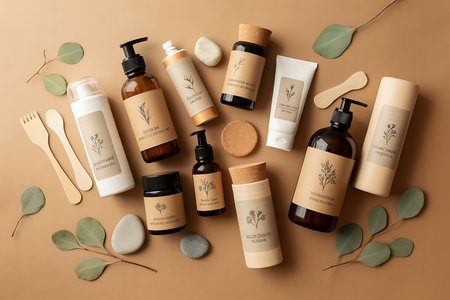 Set of cosmetic products with eucalyptus branches on color backgroundの素材