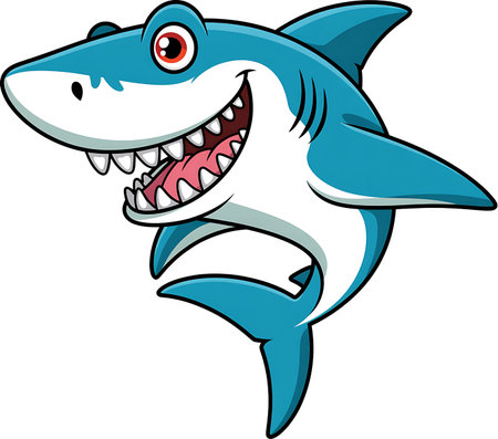 This delightful cartoon illustration showcases a cheerful shark with a captivating smile rendered in bright blue and white colors The sharks friendly expression with wide eyes and visible teeth makes it an appealing character for childrens books educational resources or animated content The image features clean lines and a simple design making it versatile for various creative projects Ideal for use in materials that aim to educate and entertain about marine life and ocean creatures in a positive lightの素材