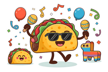 This fun and vibrant illustration features a cheerful taco character wearing sunglasses and celebrating with maracas balloons confetti and a playful pinata The cartoon style and bright colors evoke a festive atmosphere perfect for Cinco de Mayo or any Mexican themed party The image also includes a smaller cute taco adding to the lighthearted and joyful spirit of the celebration suggesting a fun day filled with food music and laughter The composition and color palette create an eye catching scene suitable for greeting cards invitations or promotional material related to Mexican culture or festive eventsの素材
