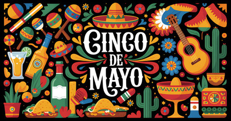 Celebrate Cinco de Mayo with this vibrant graphic featuring iconic Mexican symbols such as a sombrero a guitar and maracas The composition is filled with flowers drinks tacos and cactus arranged in a celebratory display The design captures the spirit of this festive occasion perfect for use in event promotions greeting cards or social media content celebrating Mexican culture and heritageの素材