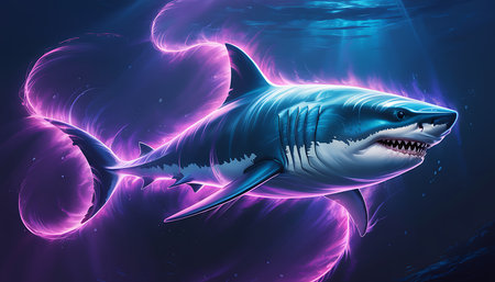 This stunning image captures a great white shark gracefully swimming through the deep sea enhanced by neon purple ethereal glows creating a fantasy underwater scene The sharks powerful form is beautifully contrasted with the soft otherworldly lighting and its sleek silhouette cuts through the water with an incredible sense of purpose Its a testament to the raw beauty and potential danger of the oceanic ecosystem bringing together both the powerful predator and mysterious deep sea environmentの素材