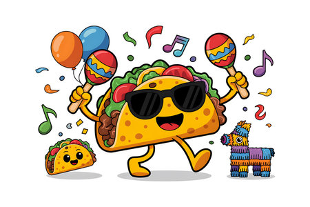 A vibrant and cheerful cartoon illustration featuring a large taco character with sunglasses holding maracas surrounded by balloons confetti and musical notes A mini taco and a piata shaped like a donkey add to the celebratory atmosphere The image evokes a sense of fun and excitement perfect for promoting Cinco de Mayo events Mexican food festivals or childrens parties The bright colors and playful design make it an engaging visual for any marketing or creative project related to food culture and celebrationsの素材