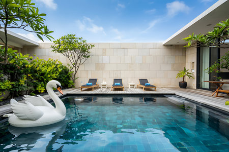 Swimming pool with swan in luxury hotel resort, Thailand.の素材